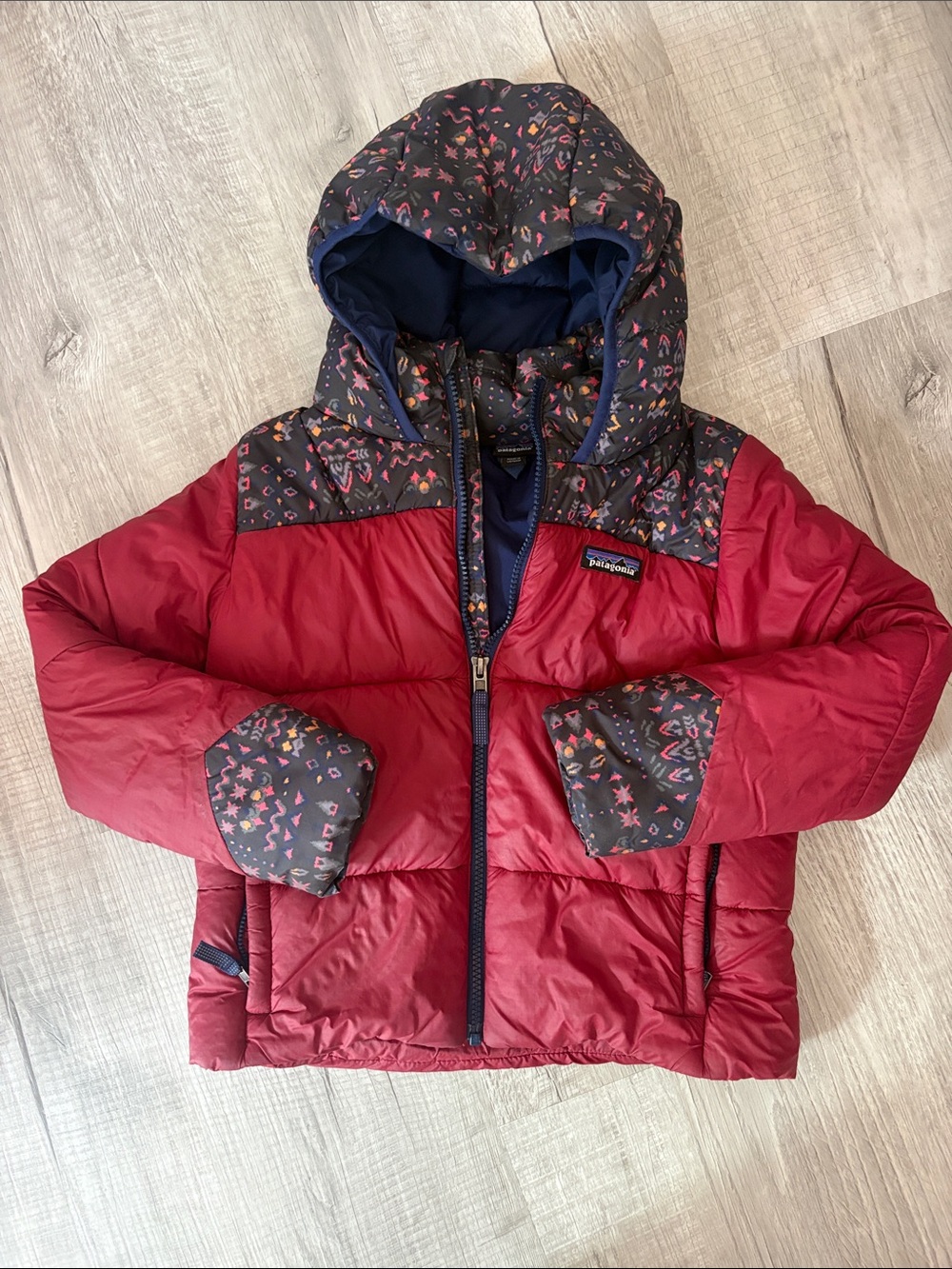 Patagonia Kids Red Hooded Puffer Jacket with Patterned Navy Trim